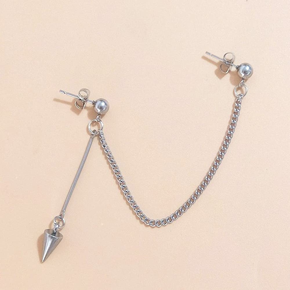 Double Ball Spike Piercing Chain Minimalist Dangle Drop Stud Cuff Earrings for Two Holes Men Women Boys 2nd Ear Cartilage Stainless Steel Fashion Punk Climber Crawler Threader Tassel Dangling Hypoallergenic Gifts for Birthday Bff