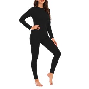 Womens Thermal Underwear Set Long Johns Base Layer Fleece Lined Top and Bottom Thermals Sets Loungewear Black Medium