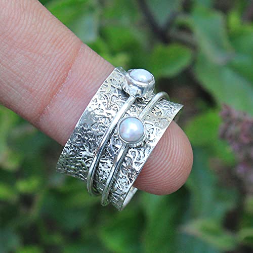 925 Sterling Silver Round Pearl Spinner Handmade Silver Meditation Boho Worry Ring (10.5)