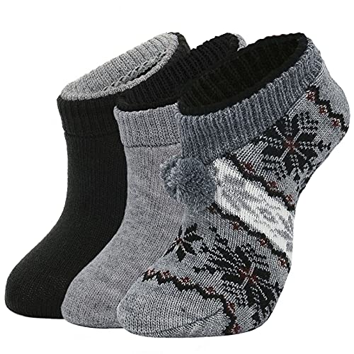 Slipper Socks for Women with Grippers Non Slip Christmas Socks Fuzzy Socks Comfy Winter Hospital Socks Warm Black&Gray 3 Pack