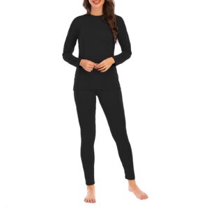 Womens Thermal Underwear Set Long Johns Base Layer Fleece Lined Top and Bottom Thermals Sets Loungewear Black Medium