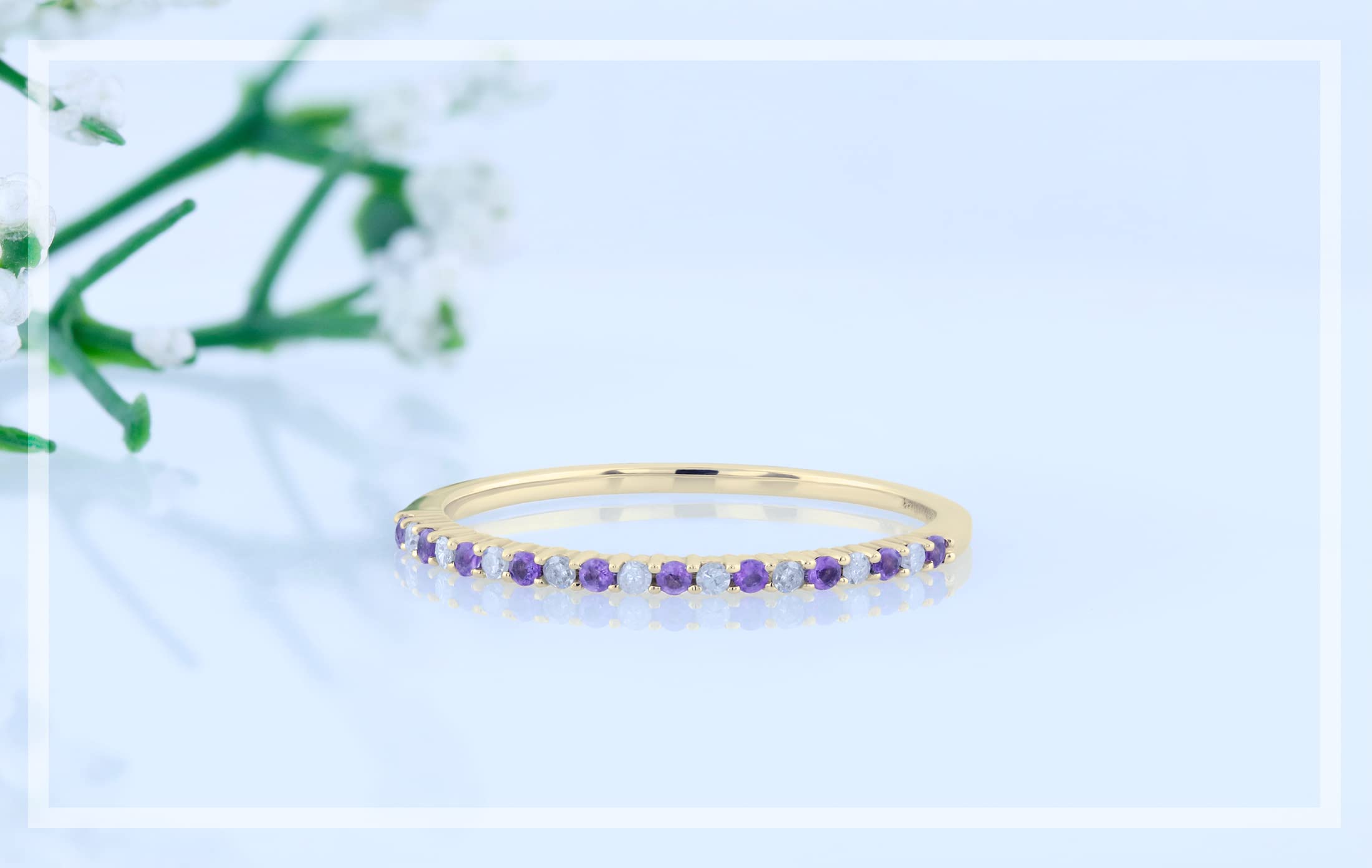 Dazzlingrock Collection Round Amethyst & White Diamond Thin Stackable Wedding Band for Women in 10K Yellow Gold, Size 6