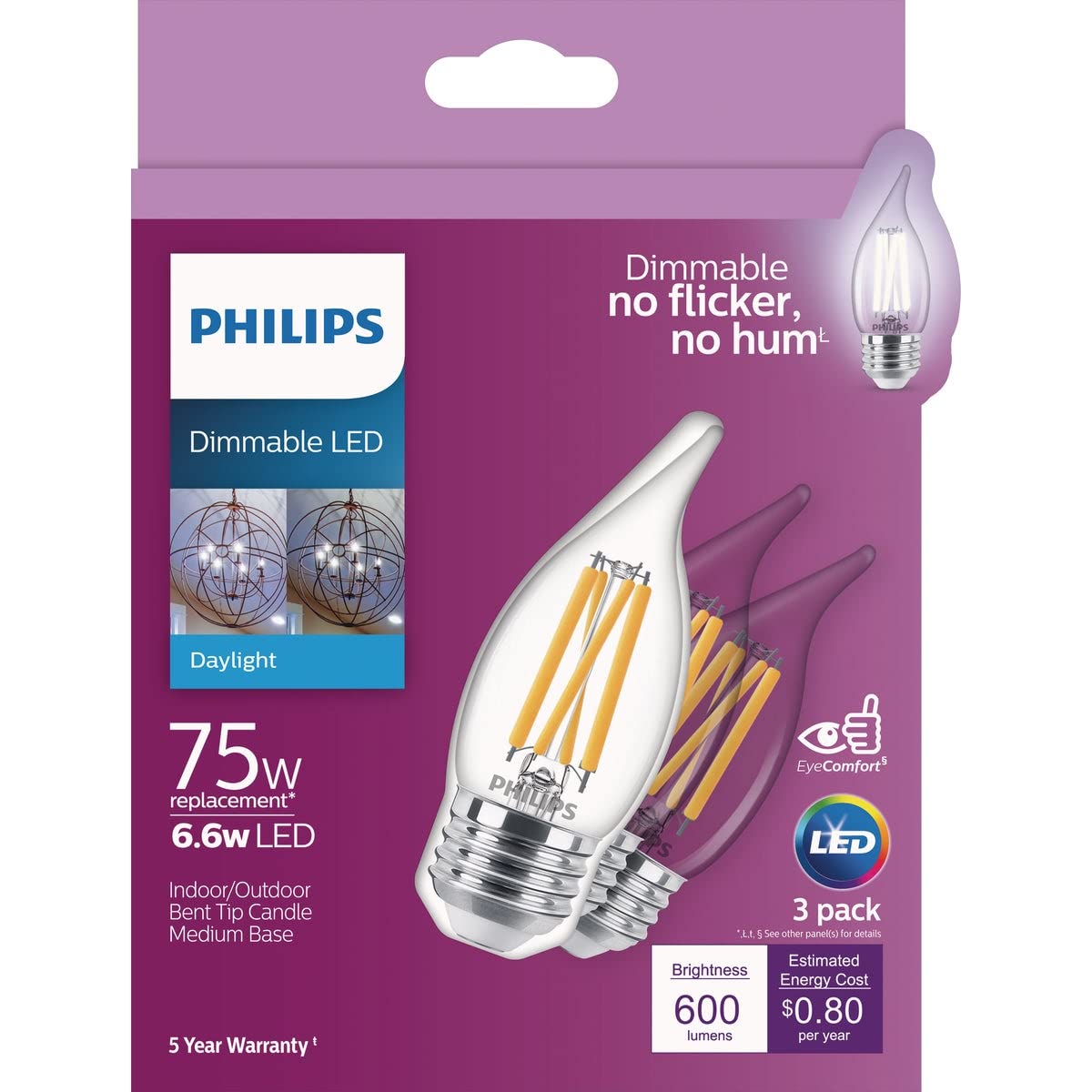 Philips LED Clear Dimmable BA11 Light Bulb - Pack of 3 - EyeComfort Flicker Free - 6.6W = 75W - 600 Lumen - Daylight (5000K) - E26 Base - Indoor - Title 20