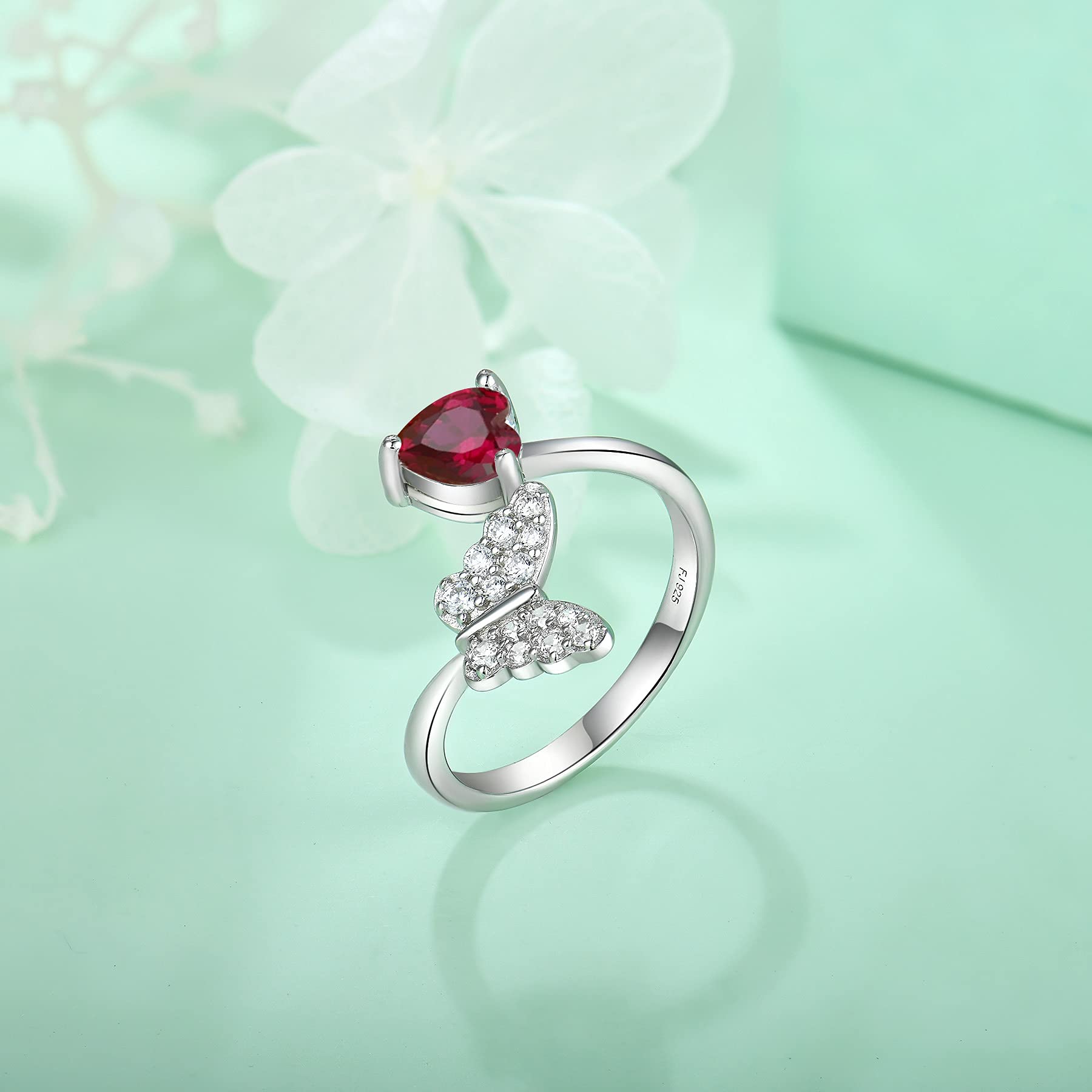 FJ 925 Sterling Silver Butterfly Ring Open Adjustable Ring Ruby July Birthstone Jewelry Gifts for Women Size 8