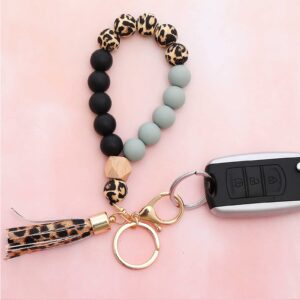 BAOSIWA Silicone Key Ring Bracelet Wristlet Keychain Leopard Beaded Bangle Key Chains for Women with Leather Tassel