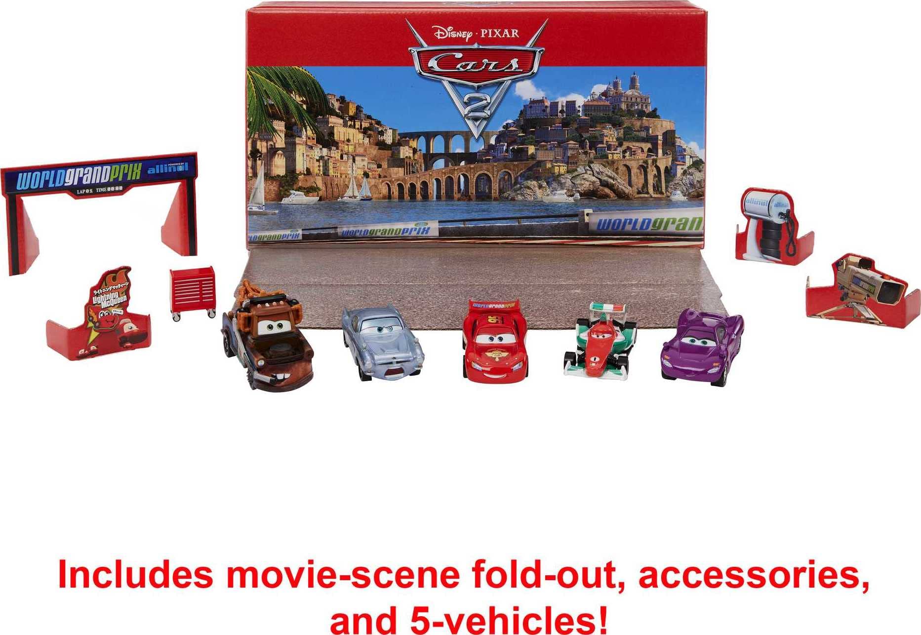 Mattel Disney and Pixar Cars Vehicle Set of 5 Collectible Character Toy Cars & Tool Cart, Inspired by World Grand Prix from Cars 2