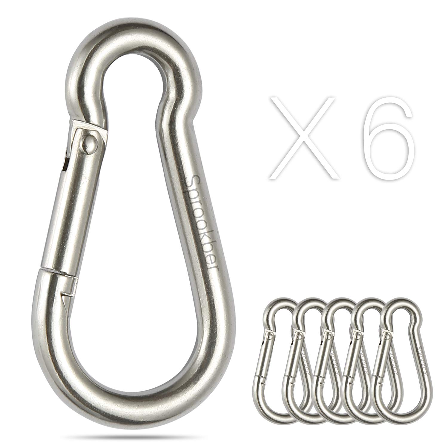 sprookber Stainless Steel Spring Snap Hook Carabiner - 304 Stainless Steel Caribeener Clips, Set of 6