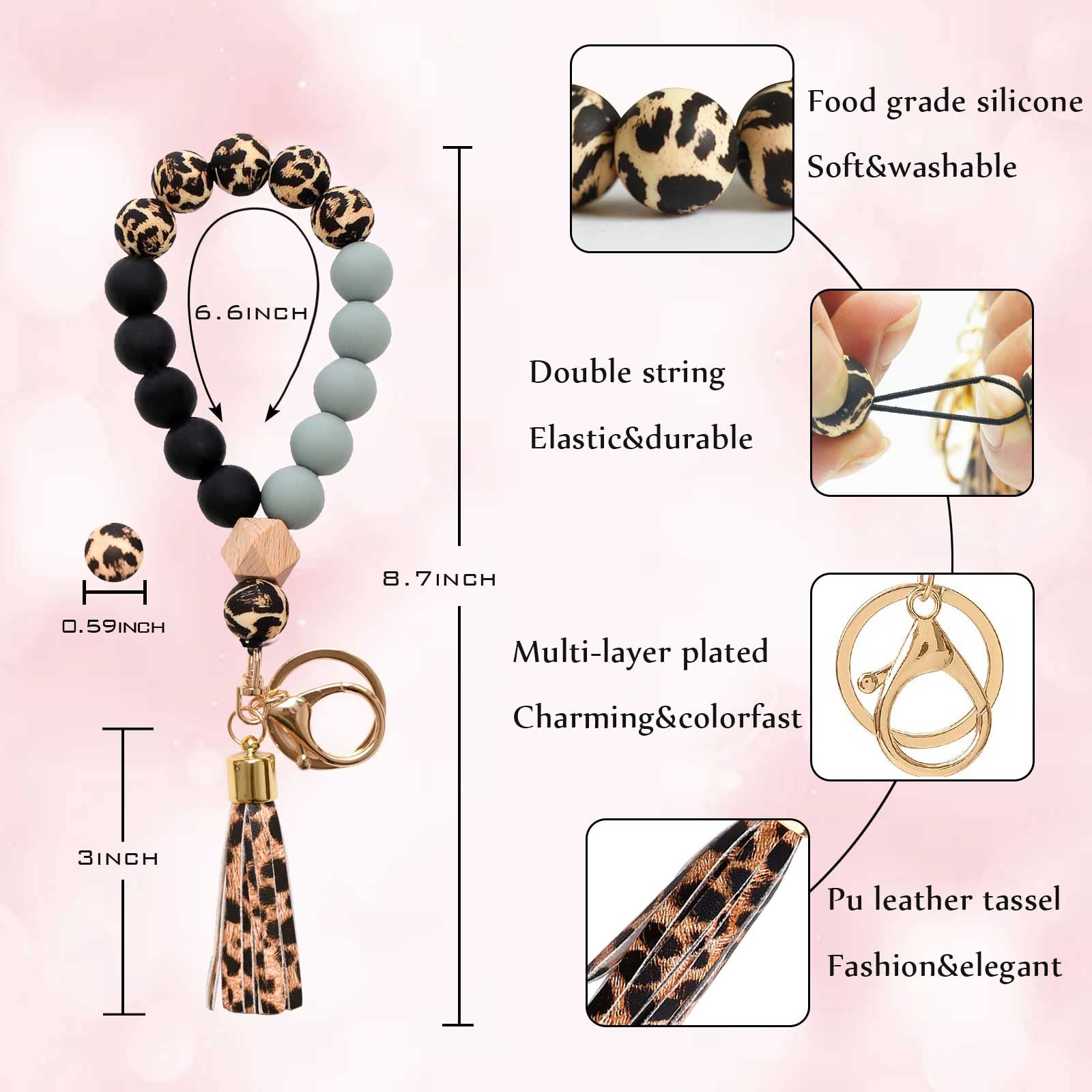 BAOSIWA Silicone Key Ring Bracelet Wristlet Keychain Leopard Beaded Bangle Key Chains for Women with Leather Tassel