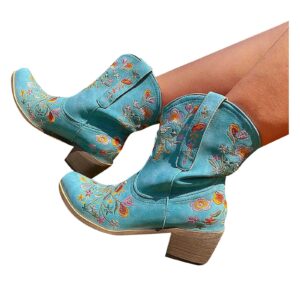 USYFAKGH Hiking Boots Women Cowboy Boots For Women Cowgirls Boots Embroidered Retro Shoes Ankle Boots Hiking Boot Blue 9