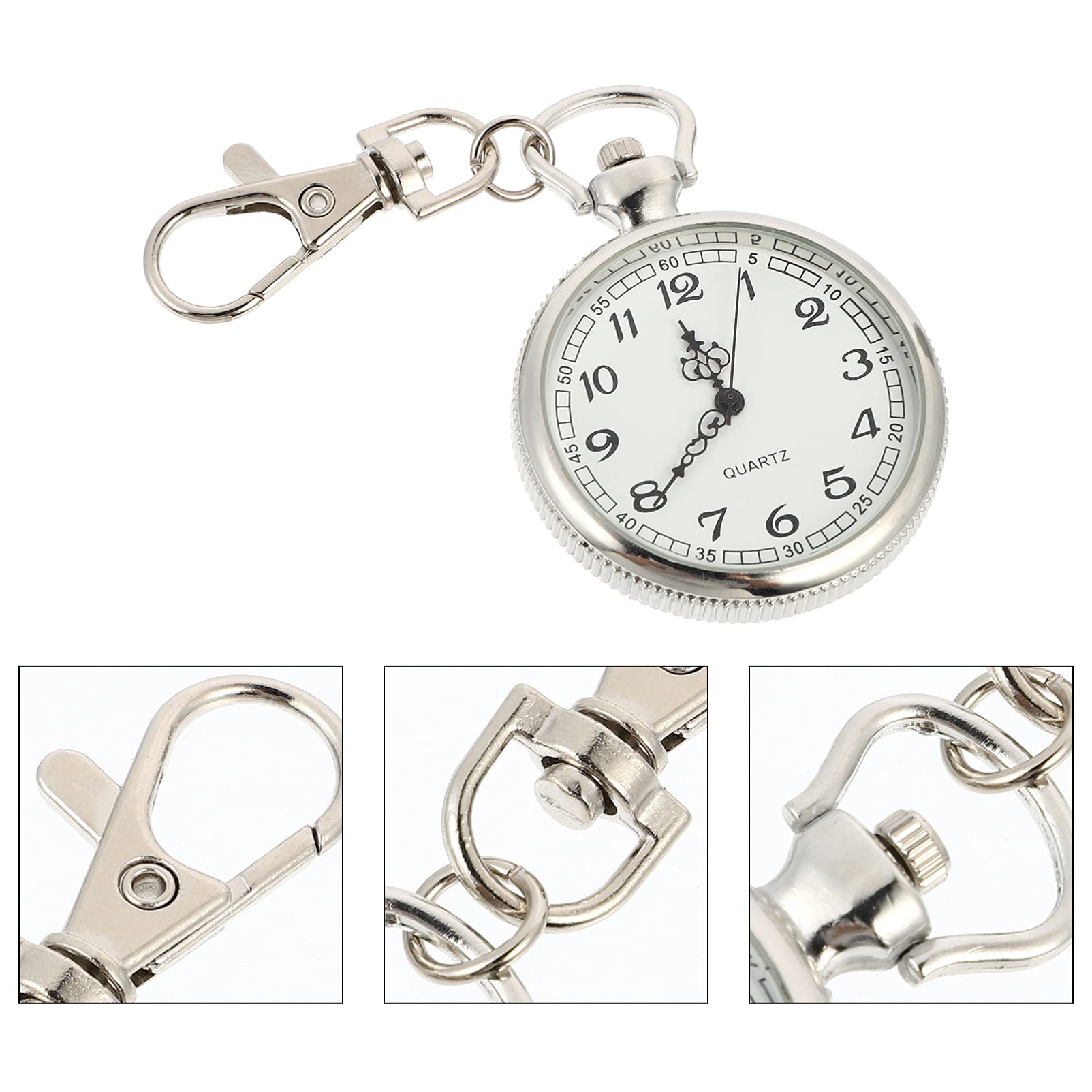 POPETPOP Clip- on Open Face Quartz Pocket Watch with Key Buckle- Unisex Fob Watch Hanging Pocket Watch Decorative