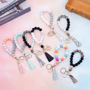 BAOSIWA Silicone Key Ring Bracelet Wristlet Keychain Leopard Beaded Bangle Key Chains for Women with Leather Tassel