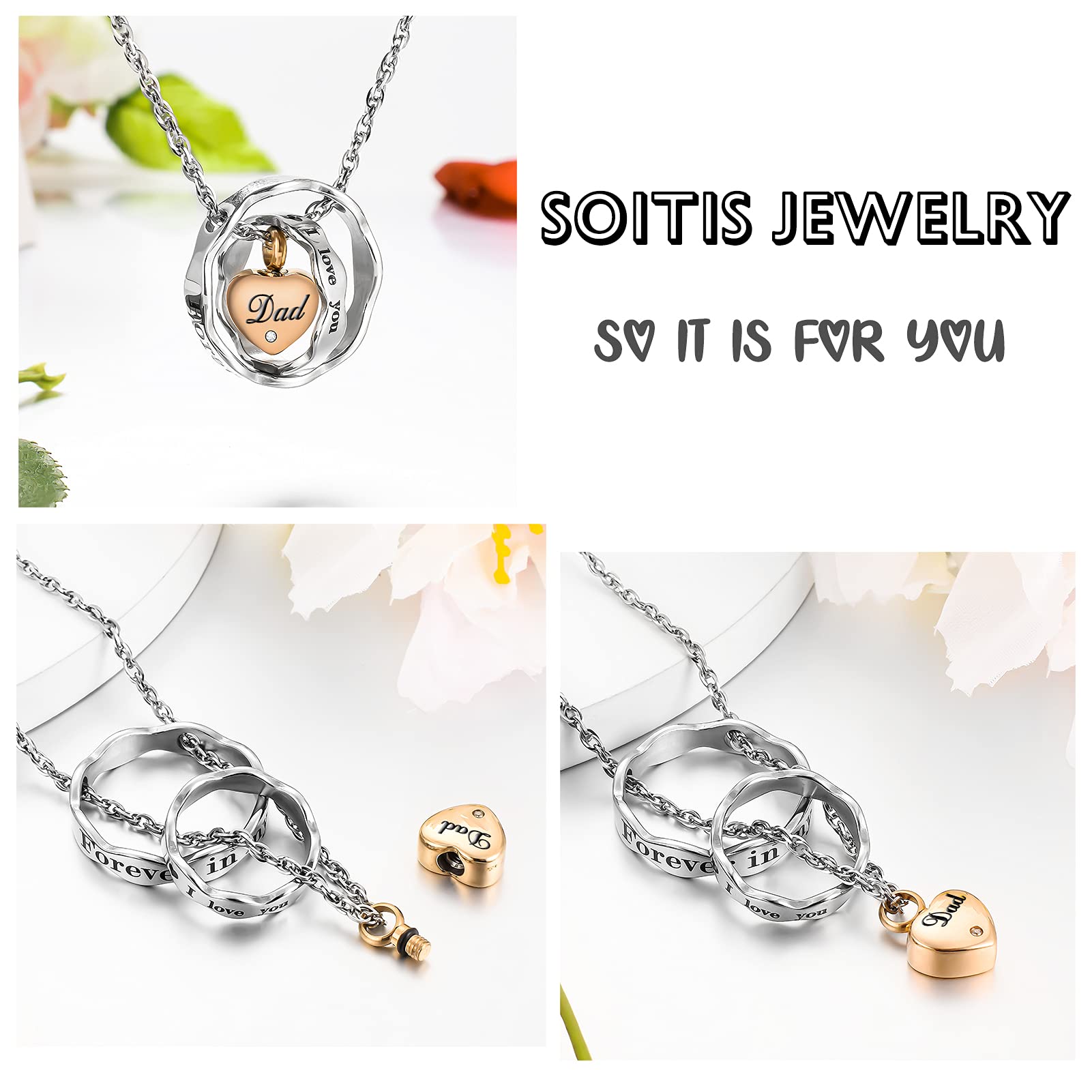 SOITIS Urn Necklace for Ashes Stainless Steel Cremation Necklace with Heart Waterproof Ashes Necklace Memorial Keepsake for Dad