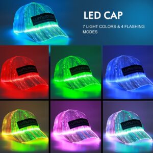 lumisonata LED Cap Fiber Optic Hat EDM Baseball Caps Light Up 7 Colors Glowing Flash USB Charging Hats Rave Accessories for Party (White)