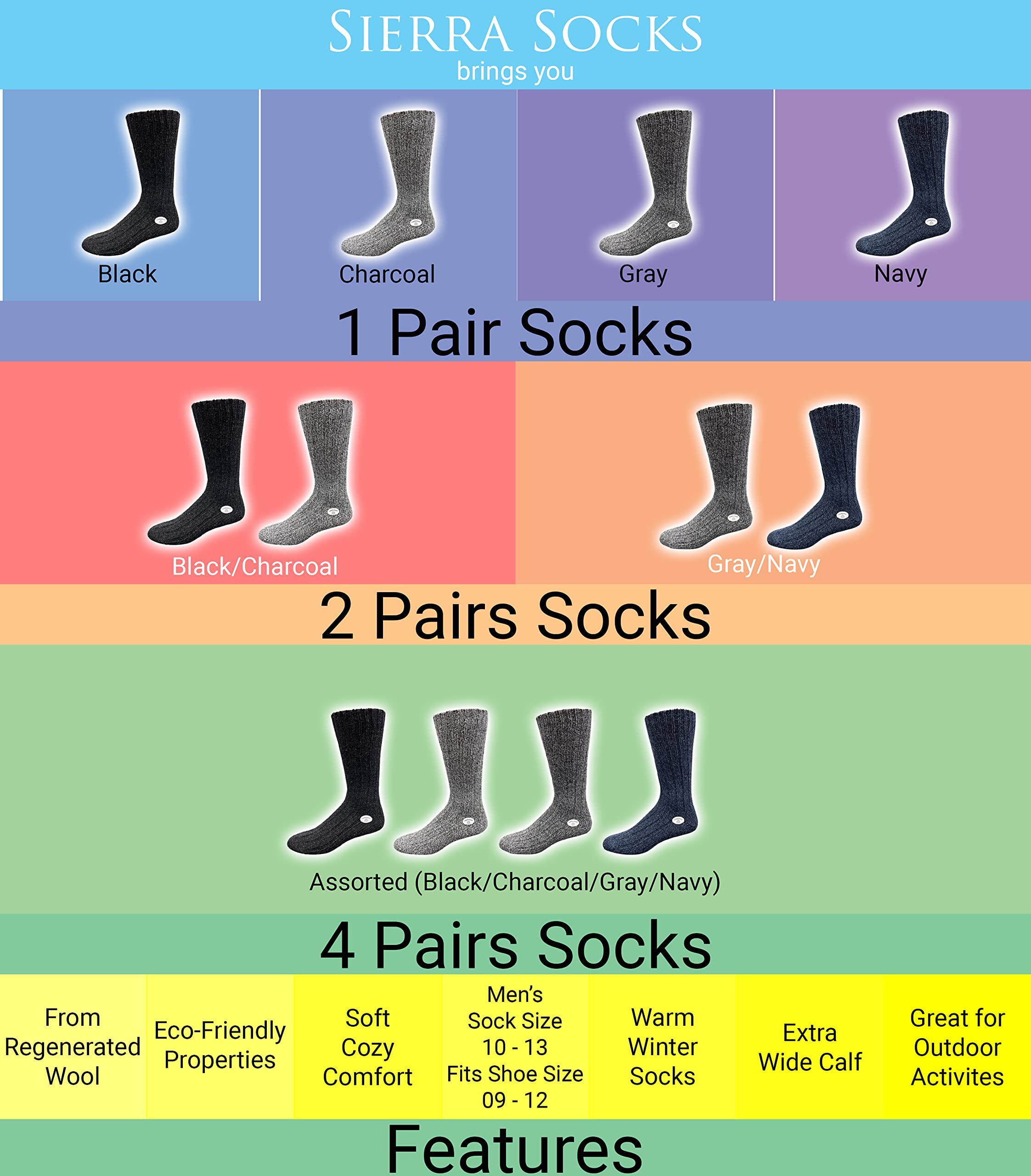 Sierra Socks Thick Hiking Wool Socks, Gift for Father (Charcoal, Large)