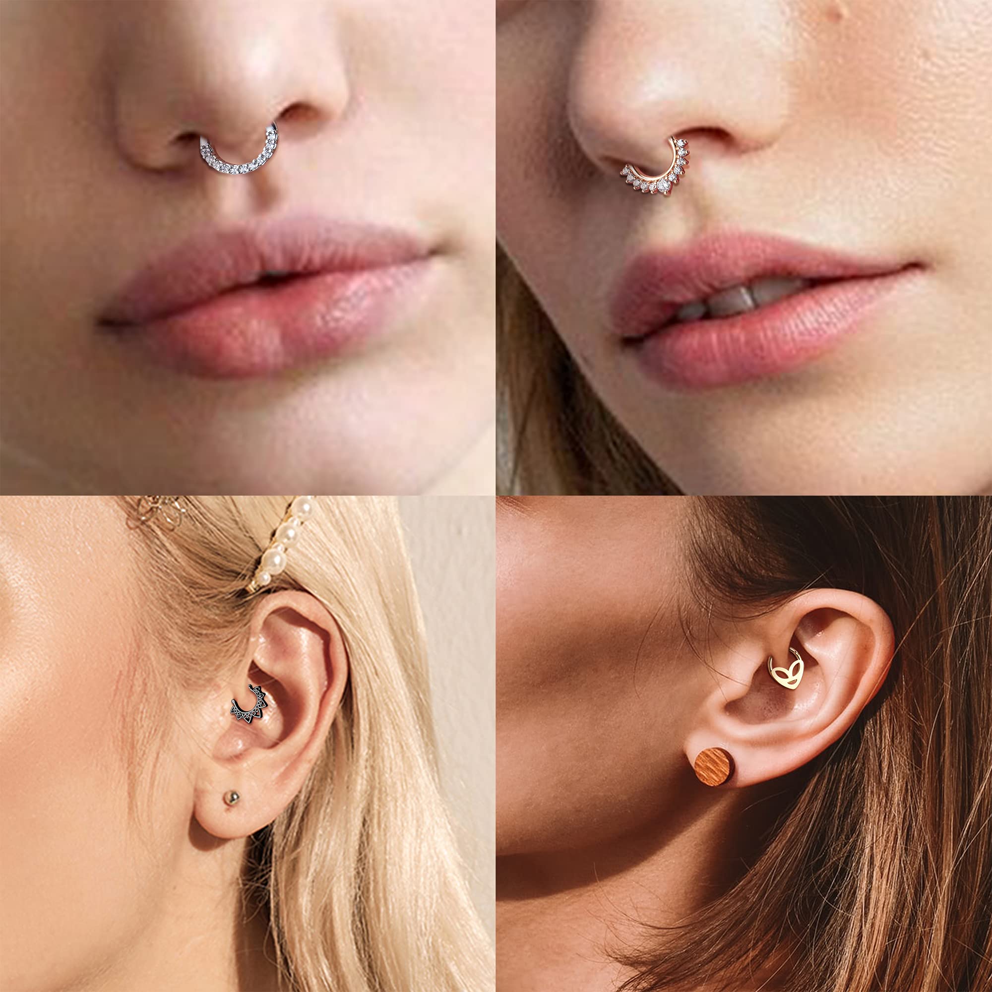 Drperfect 8MM Septum Rings 16G Daith Earrings Piercing Jewelry Surgical Stainless Steel CZ Opal Septum Clicker Rings Alien Bat Septum Hinged Segment Nose Rings Cartilage Helix Tragus Hoops