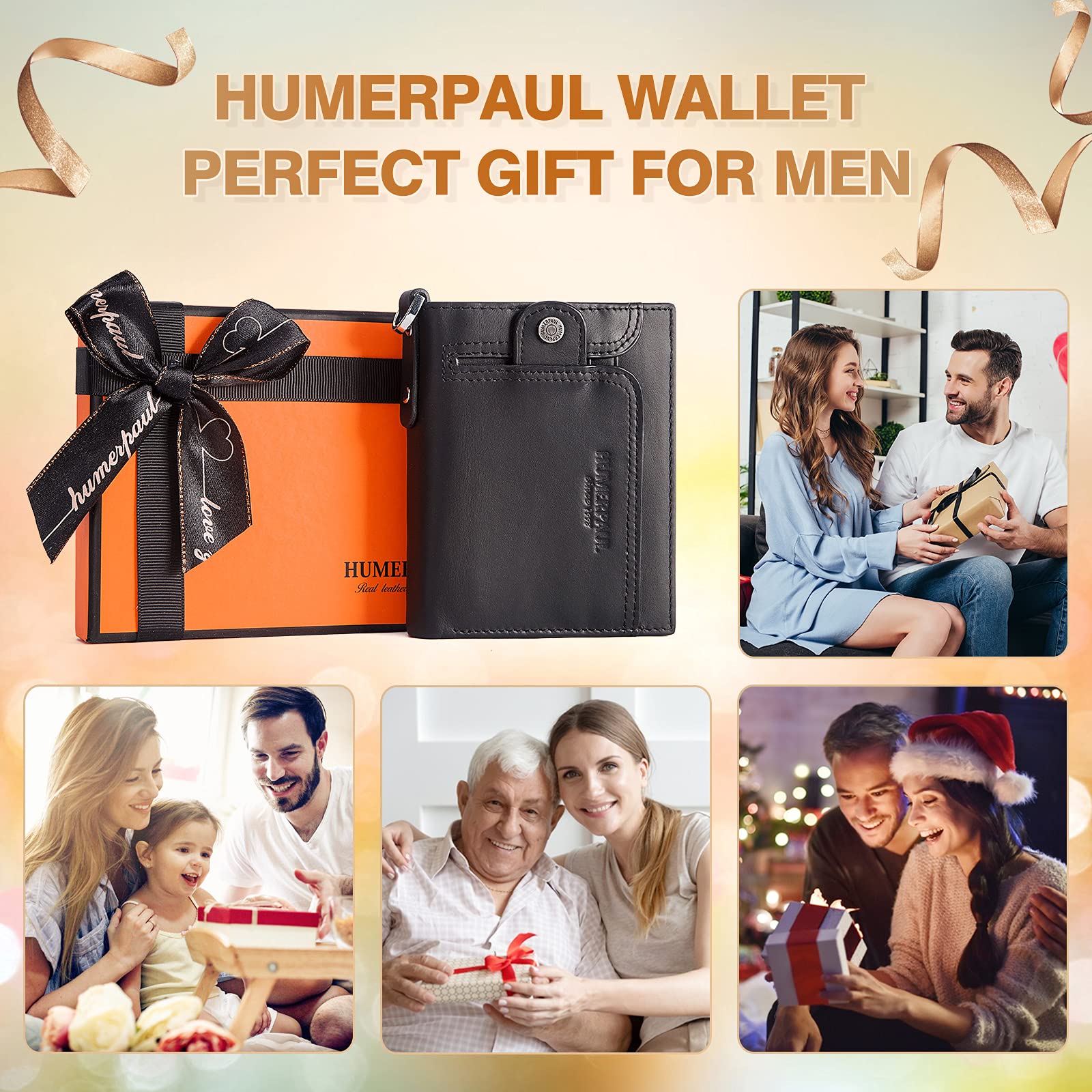 HUMERPAUL Chain Wallet for Men, Genuine Leather Bifold Wallets Rfid Blocking Men Purse with Zipper Coin Pocket (Black)