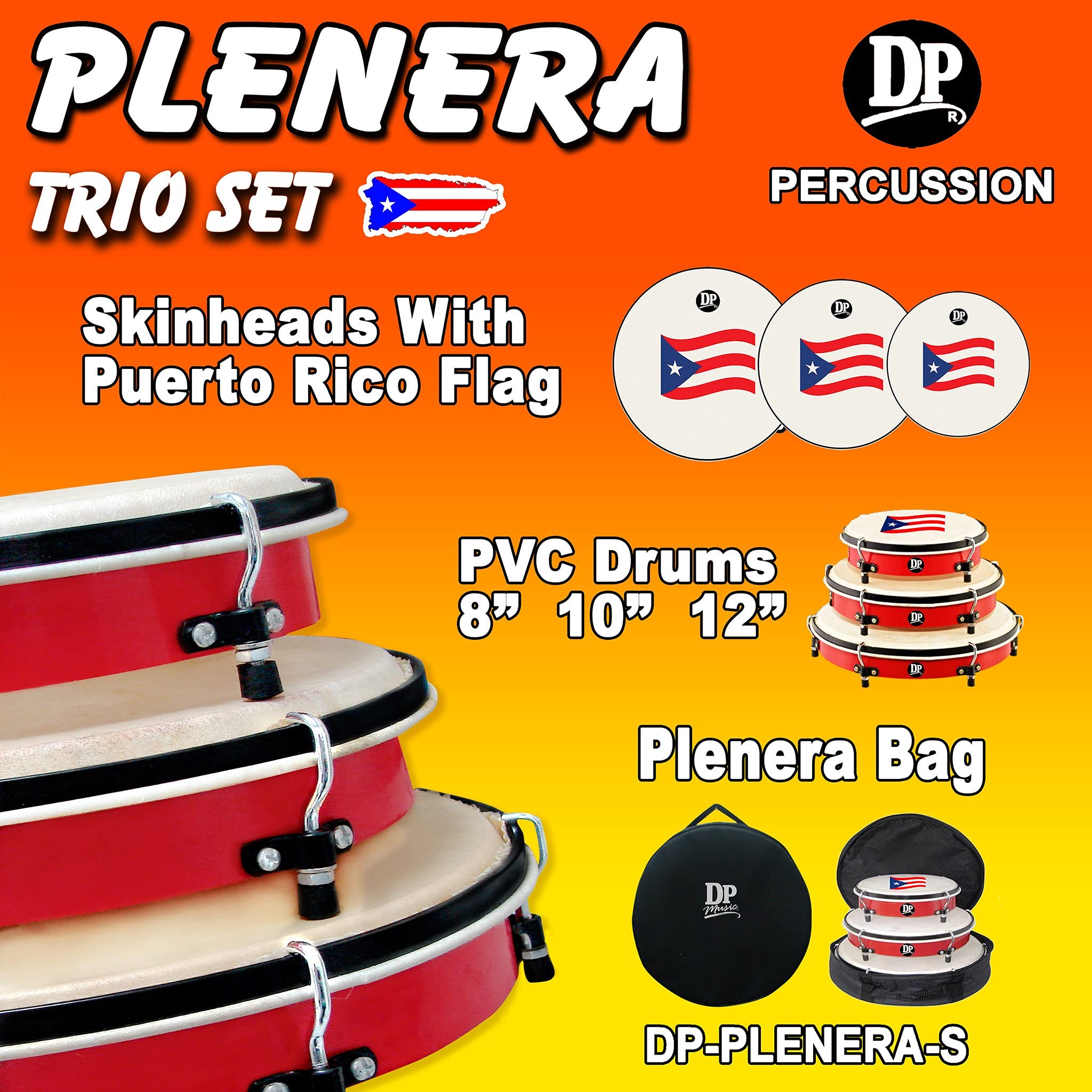 DP Music Set de Panderos - Pleneras PVC Drums with Puerto Rico Flag - Nylon Carrying Case Included (DP-PLENERA-S)