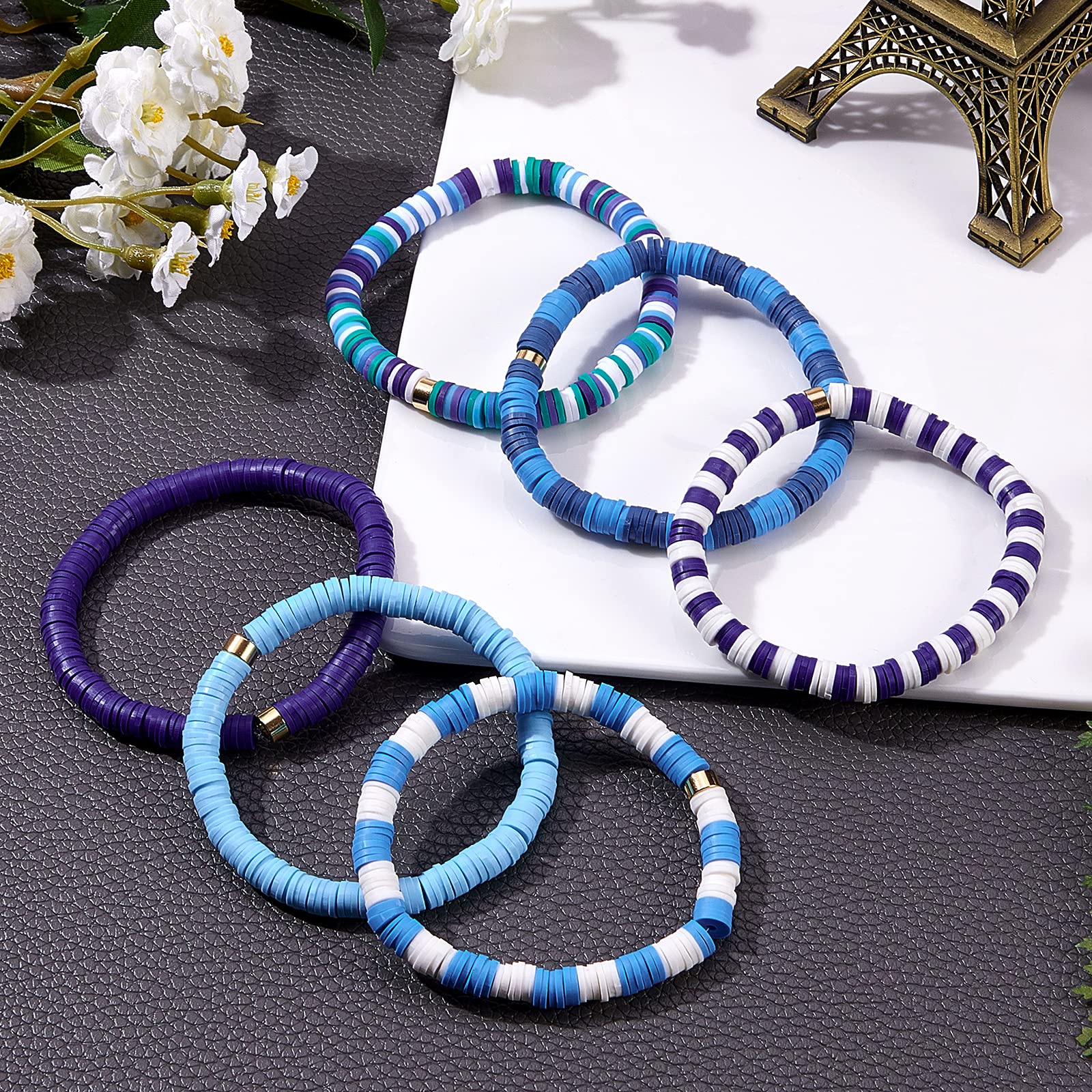 Ornaland 6PCS Heishi Surfer Bracelets Set 6mm Polymer Clay Heishi Beads Stretch Bracelets Bohemia Summer Beach Jewelry for Women (Blue)