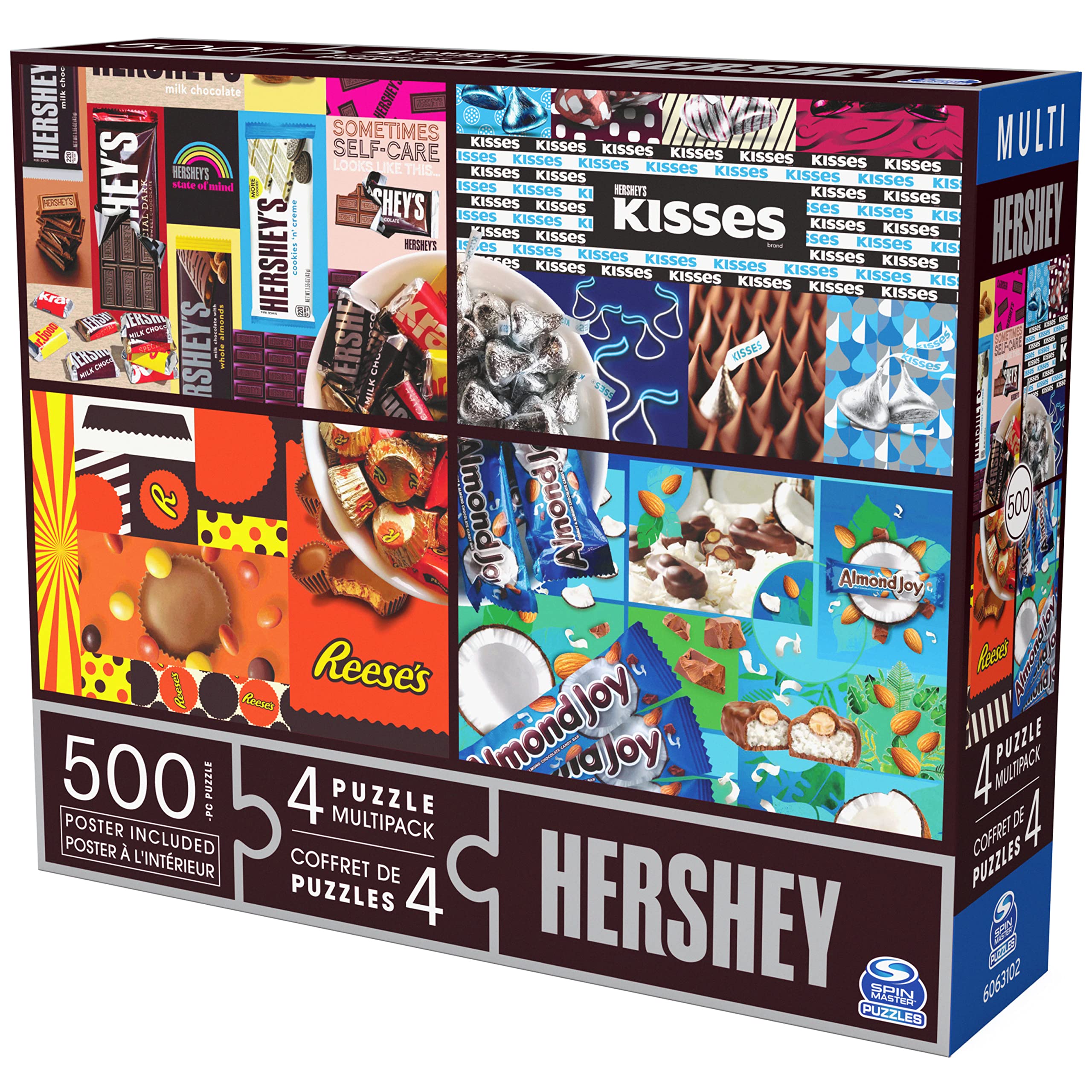 TOYS_AND_GAMES Hershey's, 4 Puzzle Multipack, 500 Pieces Combine to Form Mega Puzzle: Reese’s, Hershey’s Kisses, Almond Joy, for Kids and Adults