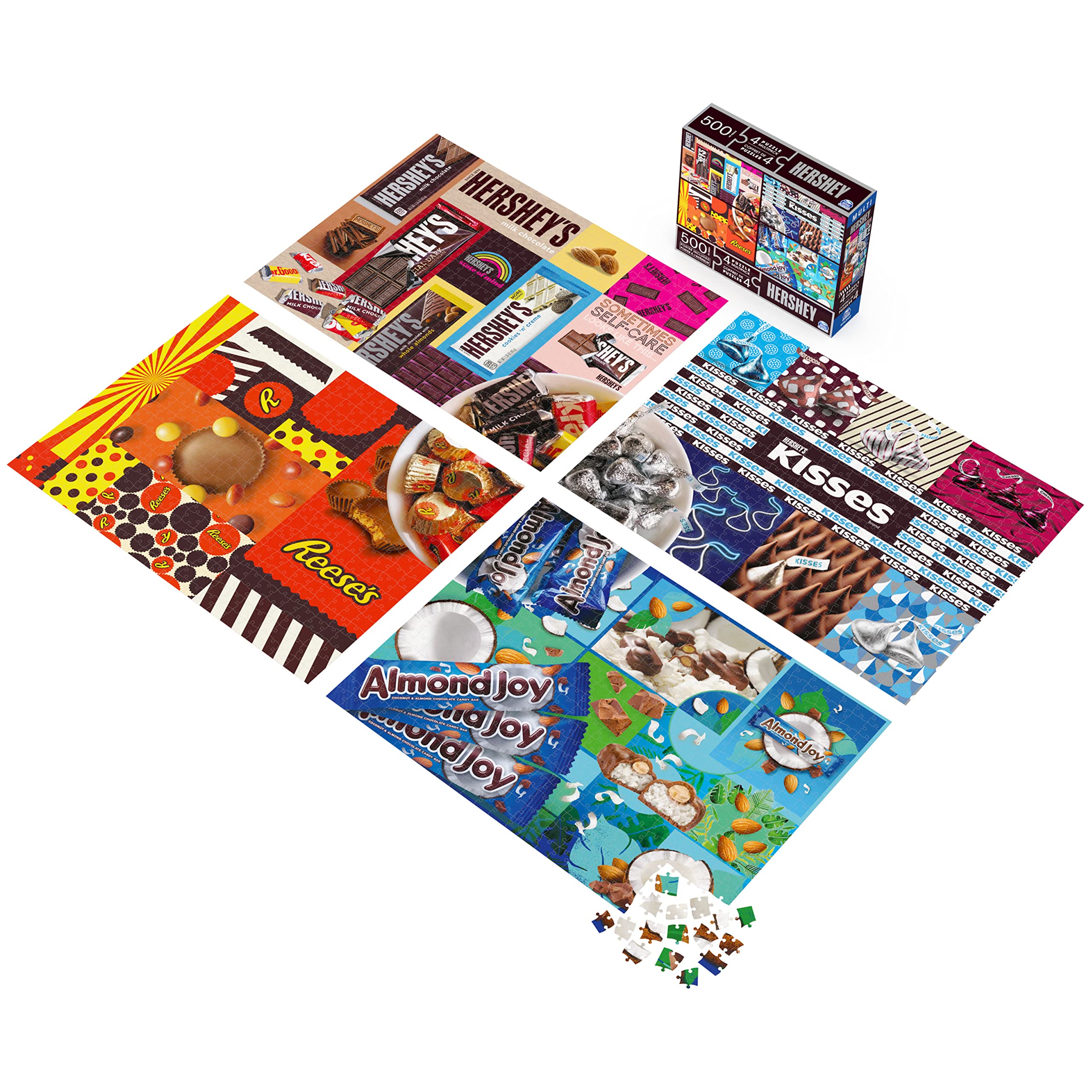 TOYS_AND_GAMES Hershey's, 4 Puzzle Multipack, 500 Pieces Combine to Form Mega Puzzle: Reese’s, Hershey’s Kisses, Almond Joy, for Kids and Adults