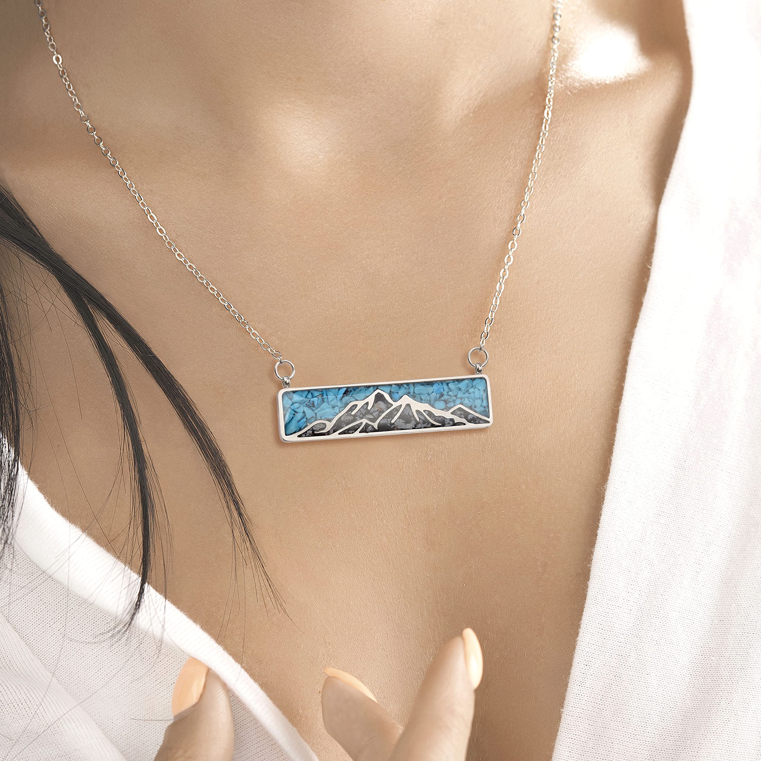 Lauren-Spencer Gemstone Mountain Necklace for Women Turquoise Tumbled Chips Pendant Necklace Dainty Mountain Range Bar Necklaces for Women Girls Nature Jewelry Gift, Stainless Steel, Created Turquoise