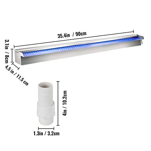 VEVOR Pool Fountain Stainless Steel Pool Waterfall 35.4" x 4.5" x 3.1"(W x D x H) with LED Strip Light Waterfall Spillway with Pipe Connector Rectangular Garden Outdoor