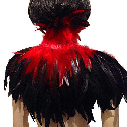 L'VOW Black Gothic Victorian Natural Feather Cape Shawl Stole Poncho with Choker Feather Collar Halloween Cosplay(Red)