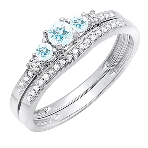 Dazzlingrock Collection Round Aquamarine & White Diamond Classic 5 Stone Wedding Ring Set for Women in 10K White Gold, Size 7