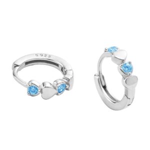 Double Love Heart Cubic Zirconia Sleeper Small Hoop Earrings for Women Teen Girls S925 Sterling Silver Cartilage Tiny Cute Huggie Hoops Hypoallergenic for Sensitive Ear Baby-Blue CZ