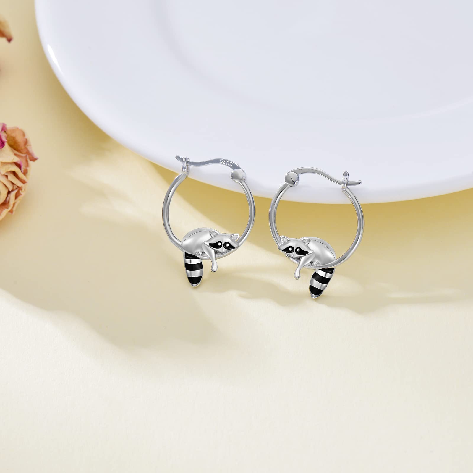 Polar Bear/Fox/Hummingbird/Rabbit/Raccoon Hoop Earrings for Women 925 Sterling Silver Animal Huggie Hoop Earrings Jewelry Gifts (raccoon)