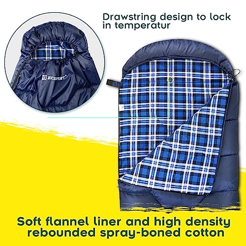 Bessport Flannel Lined Sleeping Bag Winter | 18℉ Extreme 3-4 Season Warm & Cool Weather Adult Sleeping Bags Large | Lightweight, Waterproof for Camping, Backpacking, Hiking