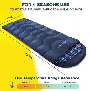 Bessport Flannel Lined Sleeping Bag Winter | 18℉ Extreme 3-4 Season Warm & Cool Weather Adult Sleeping Bags Large | Lightweight, Waterproof for Camping, Backpacking, Hiking