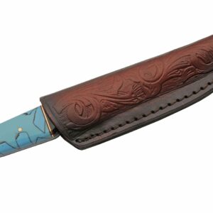 Szco Supplies 7.5" Horn/Turquoise Handle Damascus Steel Outdoor Hunting Knife with Sheath