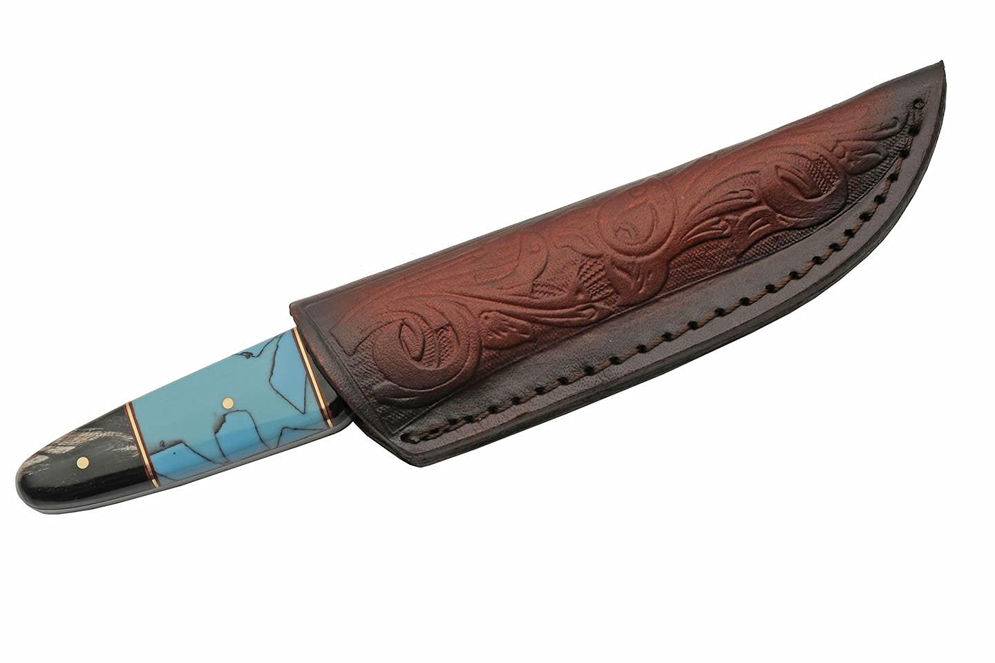 Szco Supplies 7.5" Horn/Turquoise Handle Damascus Steel Outdoor Hunting Knife with Sheath