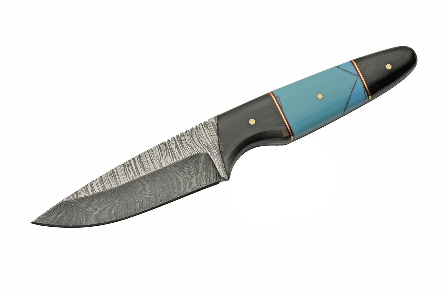 Szco Supplies 7.5" Horn/Turquoise Handle Damascus Steel Outdoor Hunting Knife with Sheath