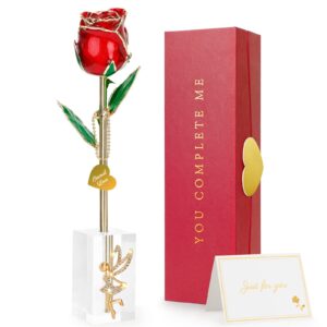 24k gold dipped real rose, for her/girlfriend, forever 24k rose with crystal stand, handmade gifts for women wife mom on valentines day birthday anniversary mother's day