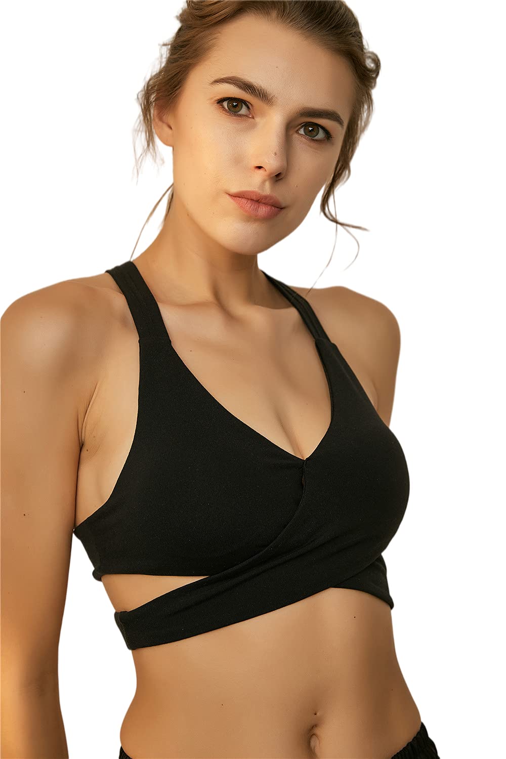 LUAN Sports Bras for Women Front Cross Strappy Sports Bra Padded Tank Top Cutout Yoga Tops (Black, Small)