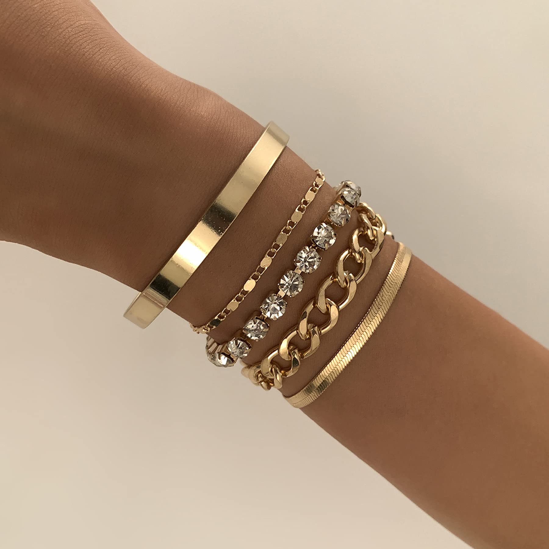 BERYUAN Trendy Gold Bracelet Set for Women Or Men Chain Bracelet Rhinestone Bracelet Snake Bone Bracelet Bangle Bracelet Set Charm Accessories Fashion