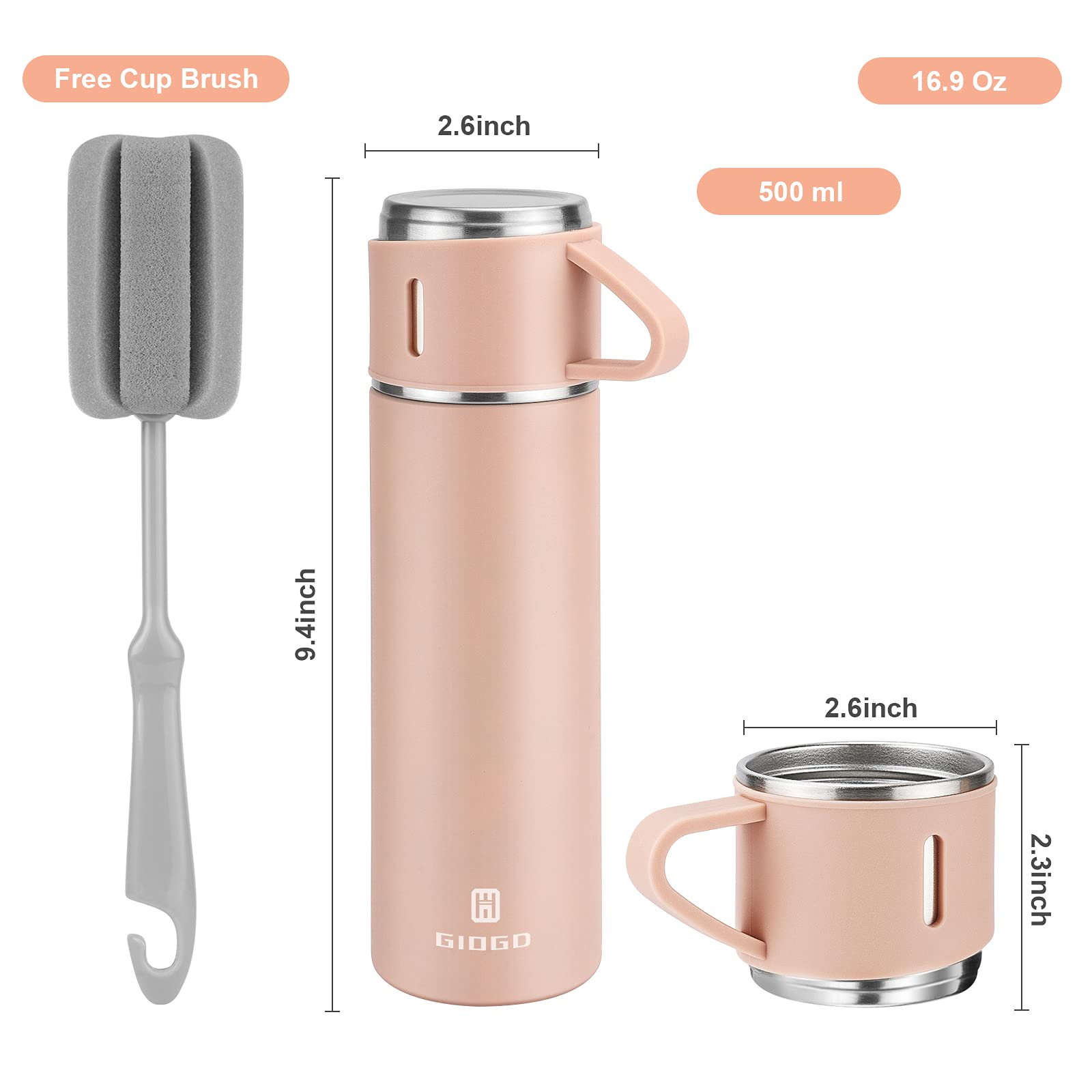 Stainless Steel Thermo 500ml/16.9oz Vacuum Insulated Bottle with Cup for Coffee Hot drink and Cold drink water flask.(Pink,Set)