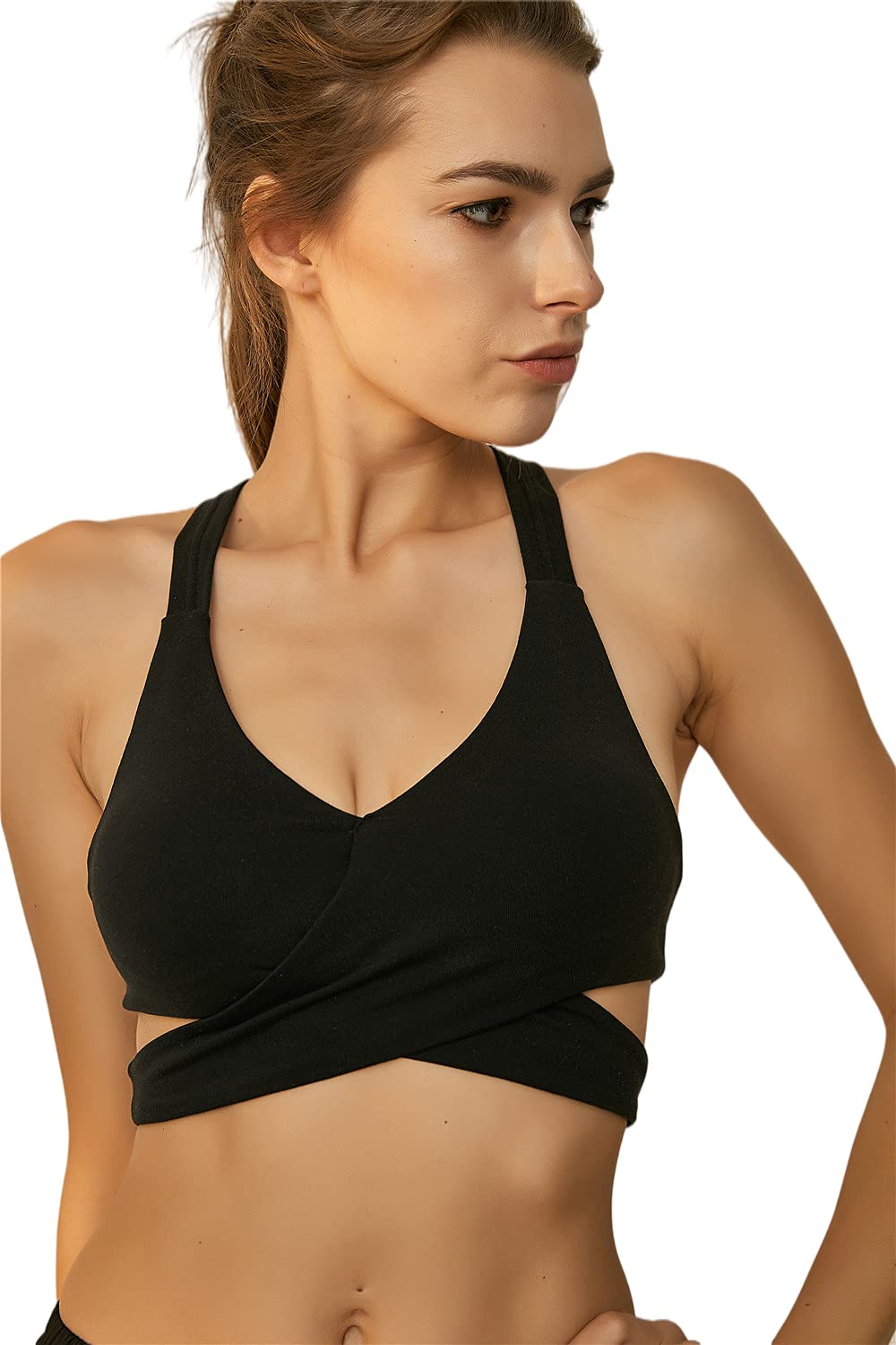 LUAN Sports Bras for Women Front Cross Strappy Sports Bra Padded Tank Top Cutout Yoga Tops (Black, Small)