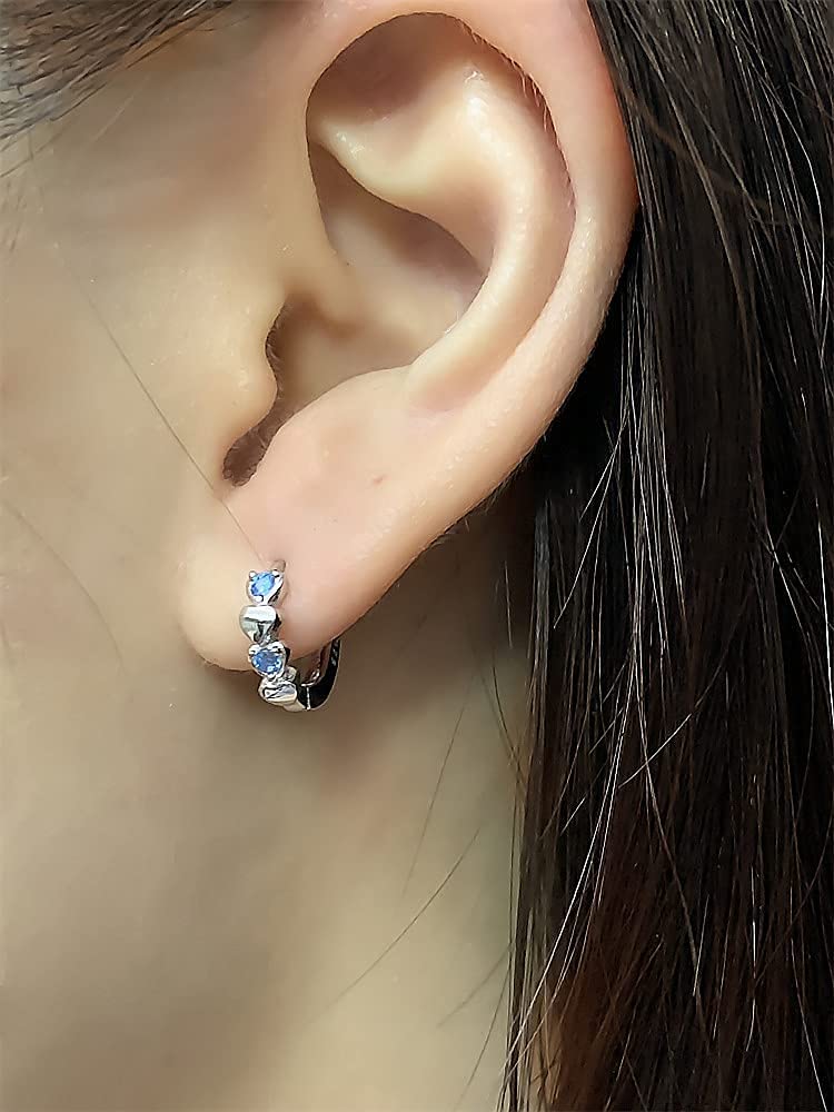 Double Love Heart Cubic Zirconia Sleeper Small Hoop Earrings for Women Teen Girls S925 Sterling Silver Cartilage Tiny Cute Huggie Hoops Hypoallergenic for Sensitive Ear Baby-Blue CZ