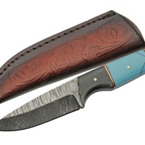 Szco Supplies 7.5" Horn/Turquoise Handle Damascus Steel Outdoor Hunting Knife with Sheath