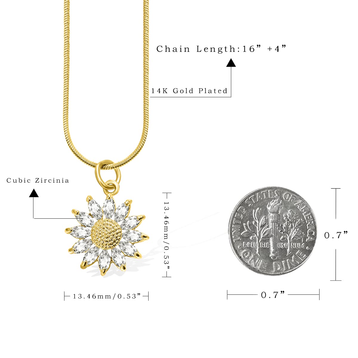 BZEBI 14K Gold Plated Sunflower Necklace for Women Teen Girls Sunflower Gifts You Are My Sunshine Shiny Cubic Zirconia Petals Chain Length 16"+4" Extender