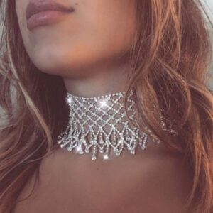 DRESBE Rhinestone Choker Tassel Chokers Necklaces Prom Collar Necklace Chain Party Neck Jewelry Accessories for Women (Silver)