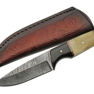 Szco Supplies 7.5" Horn and Bone Handle Damascus Outdoor Hunting Knife with Sheath