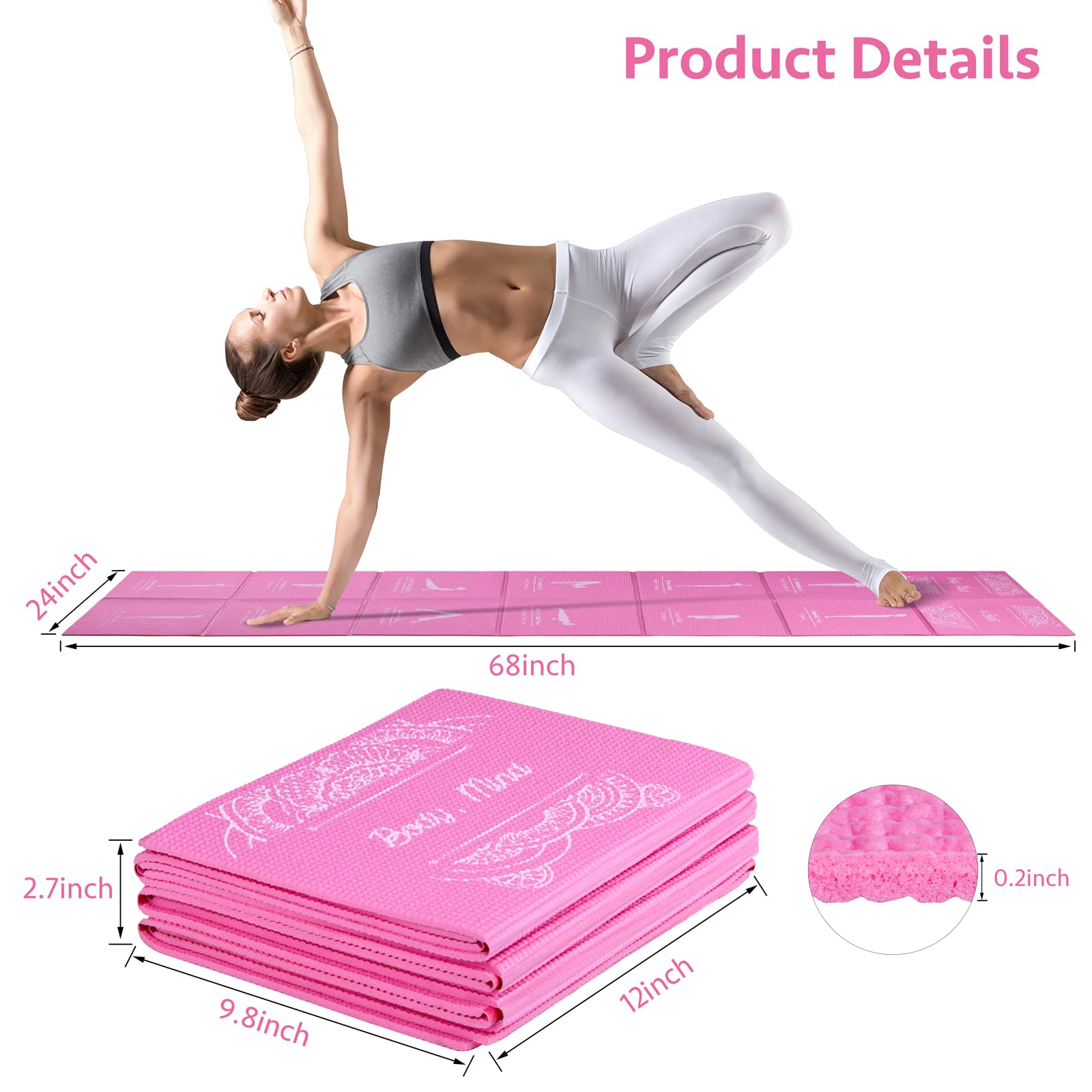 Foldable Yoga Mat for Women, Non Slip Exercise Mat for Home Gym, Travel Yoga Set With Stretch Strap for Yoga Pilates and Fitness, 68"L x 24"W x 5mm Thick (Pink)