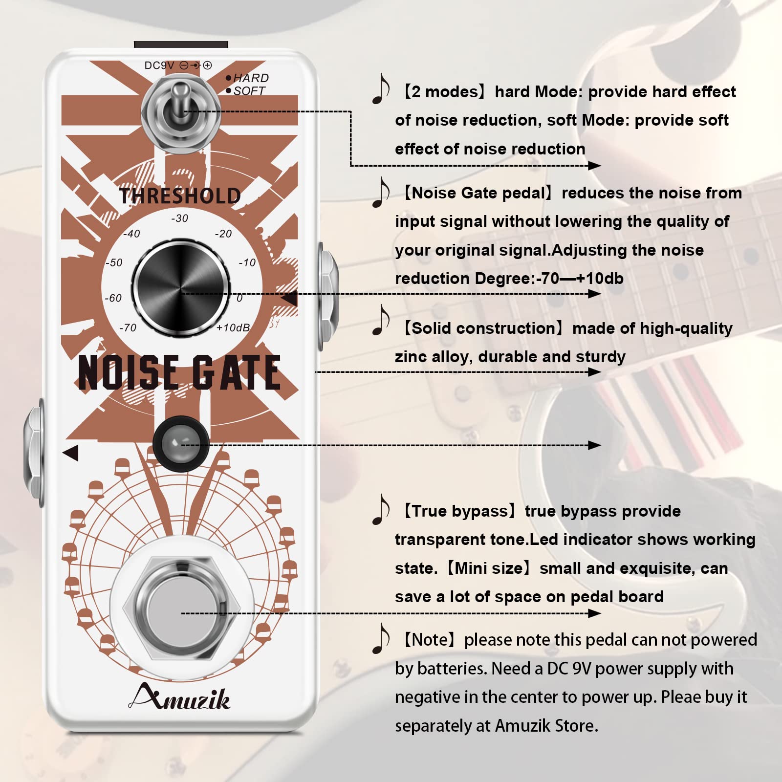 Amuzik Guitar Noise Gate Effect Pedal Noiser Killer Pedals for Electric Guitar Cleaner Noise Gate Suppressor Effect Pedal Full Metal Shell Ture Bypass for 2 Modes Mini Size