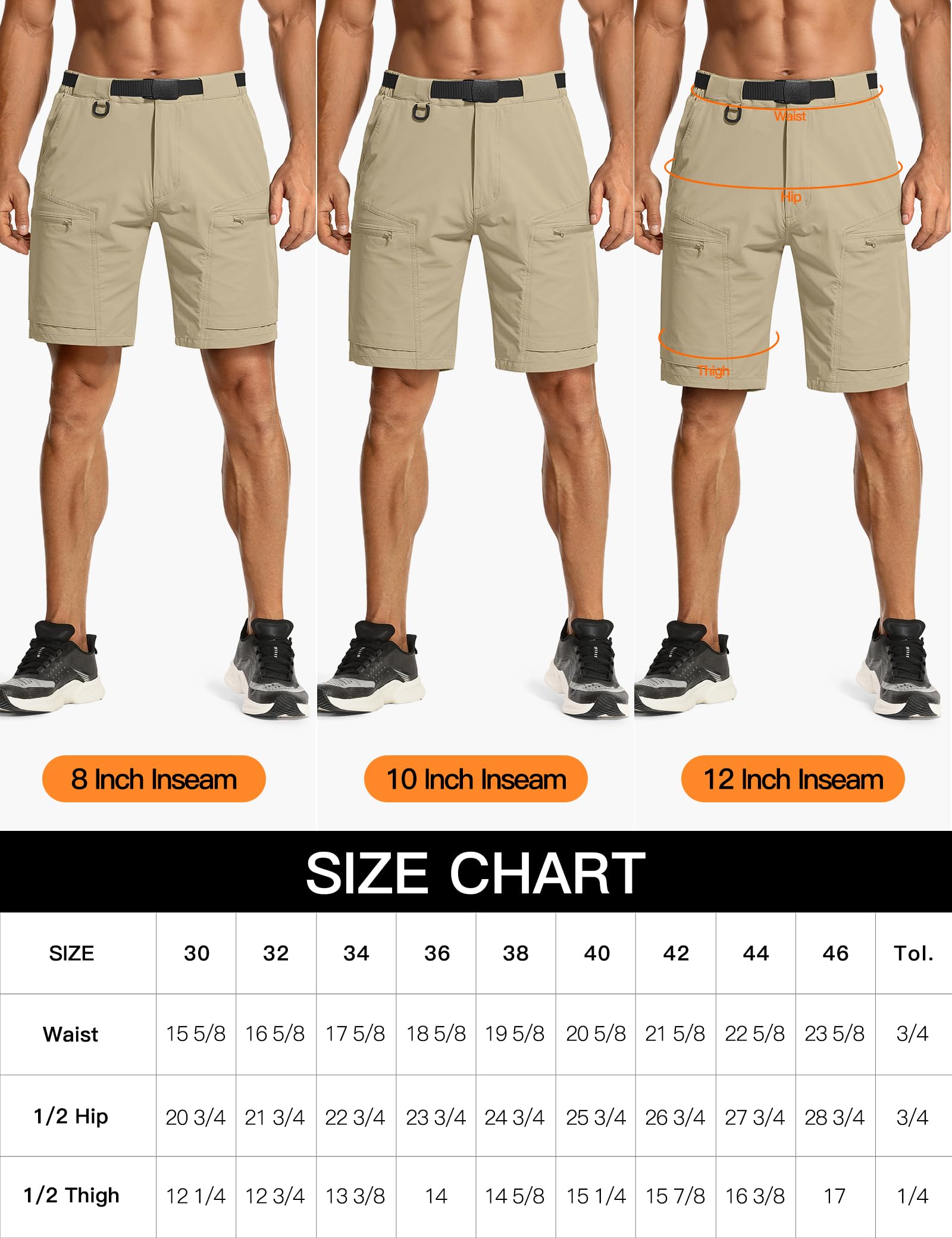 FREE SOLDIER Men's Cargo Hiking Shorts with Belt Lightweight Breathable Quick Dry Tactical Shorts with 6 Pockets for Casual Work Golf Camping Khaki