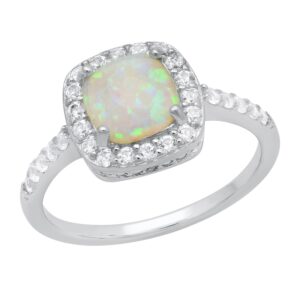 Dazzlingrock Collection 7 mm Cushion Lab Created Opal & Round White Sapphire Women Halo Style Vintage Traditional Engagement Ring | 925 Sterling Silver, Size 8