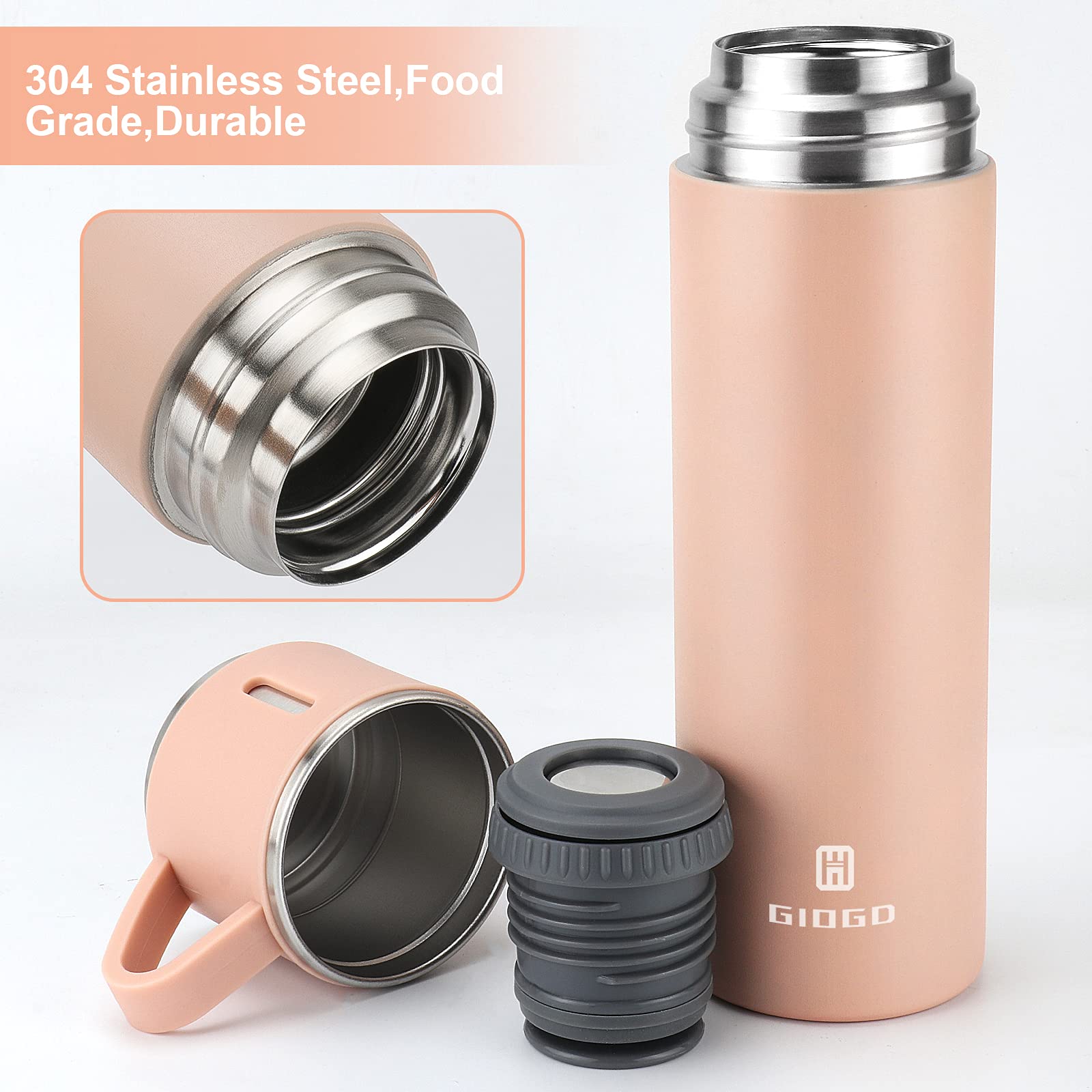 Stainless Steel Thermo 500ml/16.9oz Vacuum Insulated Bottle with Cup for Coffee Hot drink and Cold drink water flask.(Pink,Set)